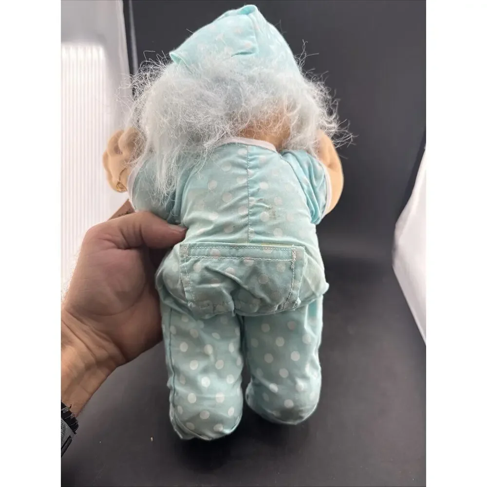 Vtg Russ Troll Kidz Spanky Doll Blue White Polka Dot Pajamas Nightcap Plush 12